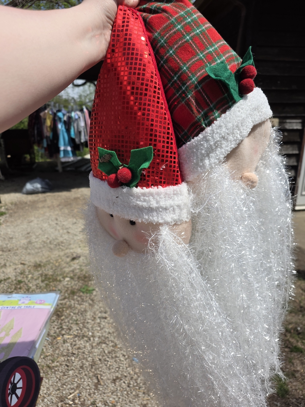 Set of Two Plush Santa Heads with Sparkly White Beards -Door Hanging Decor